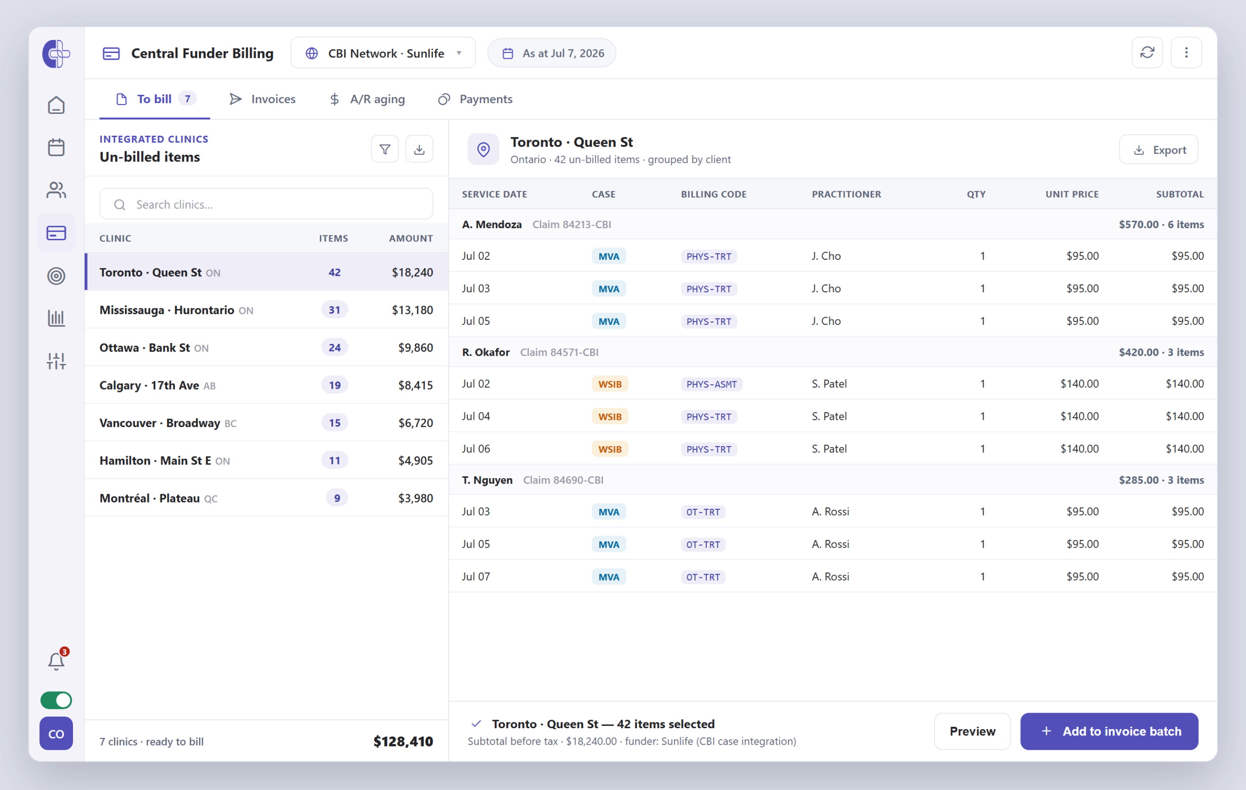 Clinicmaster Central Funder Billing — a to-bill worklist listing integrated clinics ranked by billable amount, with a detail grid of un-billed items grouped by client showing service date, case, billing code, practitioner, quantity and subtotal.