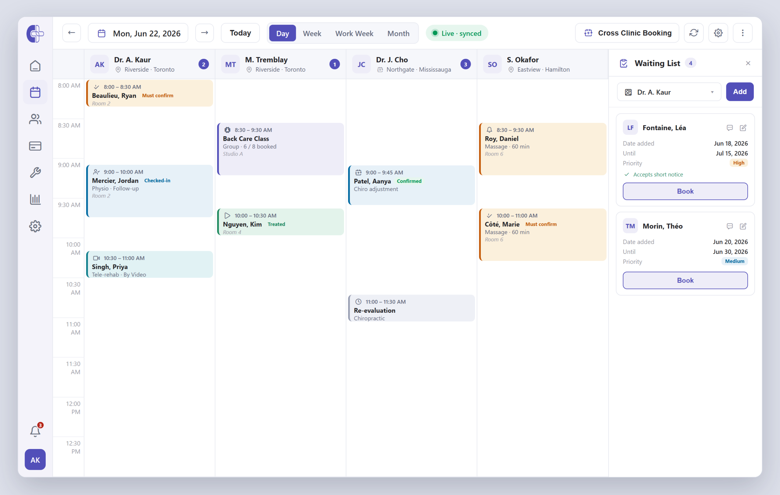 Clinicmaster multi-location calendar — providers across clinics in one unified, real-time view with cross-clinic booking and a built-in waitlist