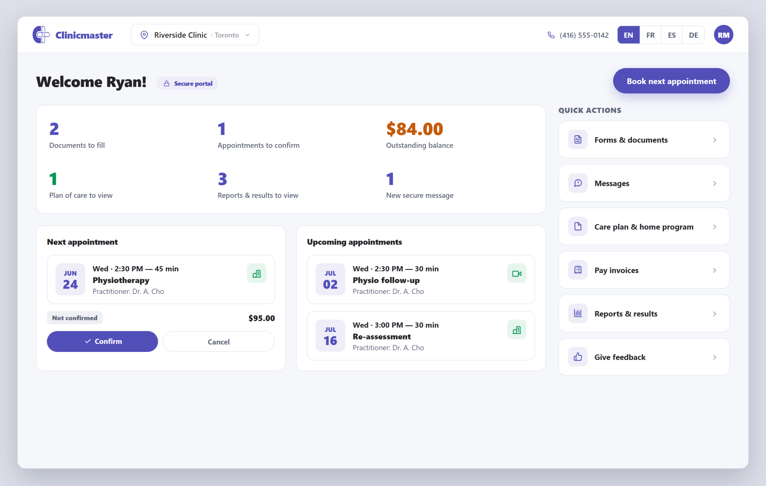 Clinicmaster patient portal home — welcome dashboard with documents to fill, appointments to confirm, outstanding balance, plans of care, next/upcoming appointments and quick actions