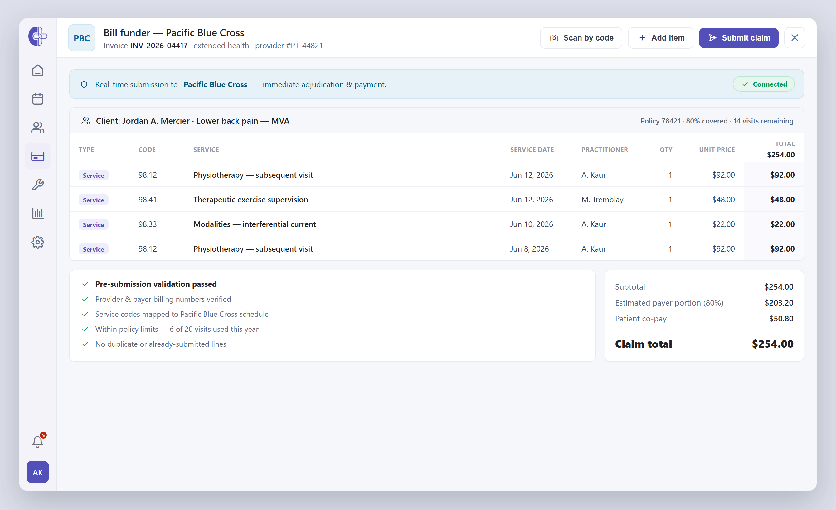 Clinicmaster billing — a Pacific Blue Cross funder invoice with billable service lines, pre-submission validation checks, and an estimated payer-portion breakdown.
