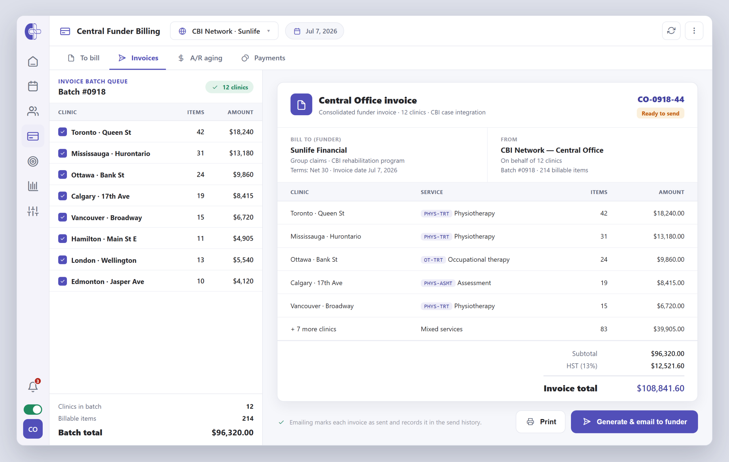Clinicmaster Central Funder Billing — a generate-invoice screen showing a batch invoice queue of selected clinics and a consolidated Central Office invoice to the funder with line items, tax and total.