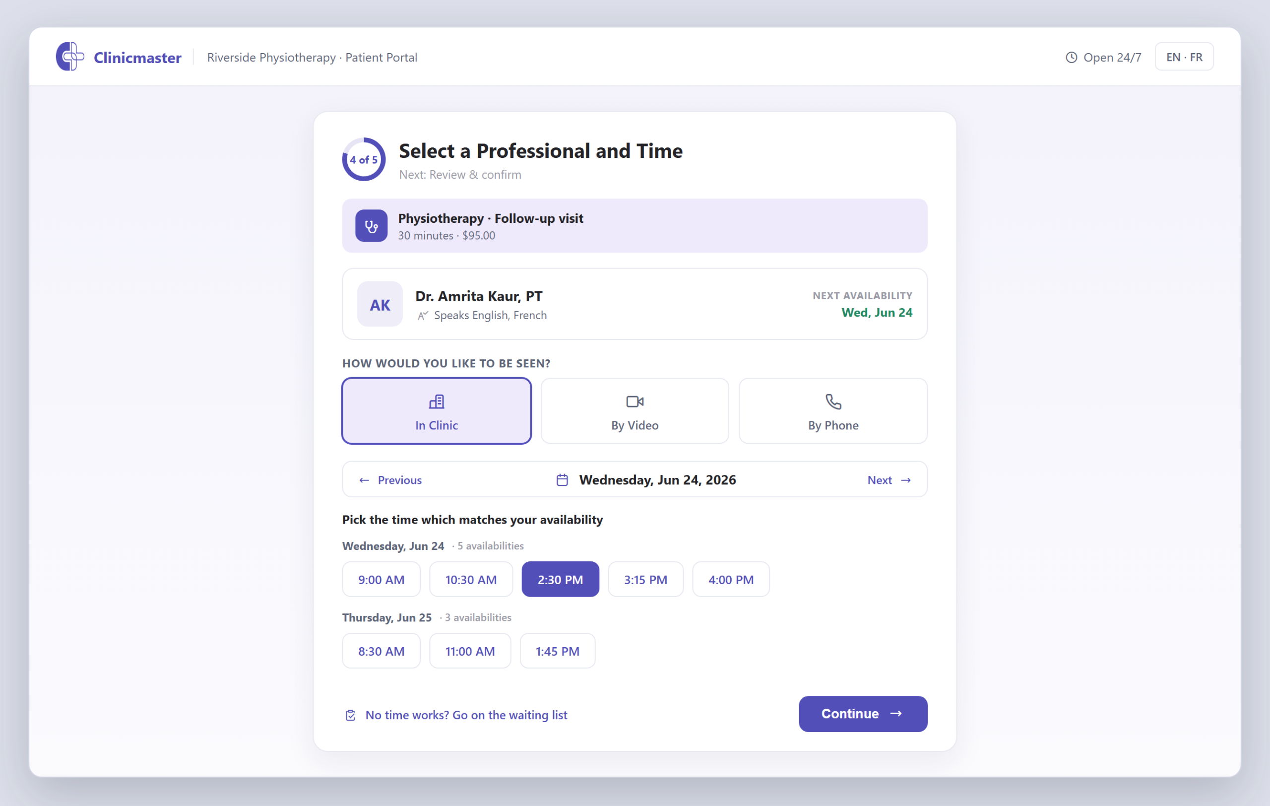 Patient self-booking — choosing a provider and open time slot in the Clinicmaster patient portal.