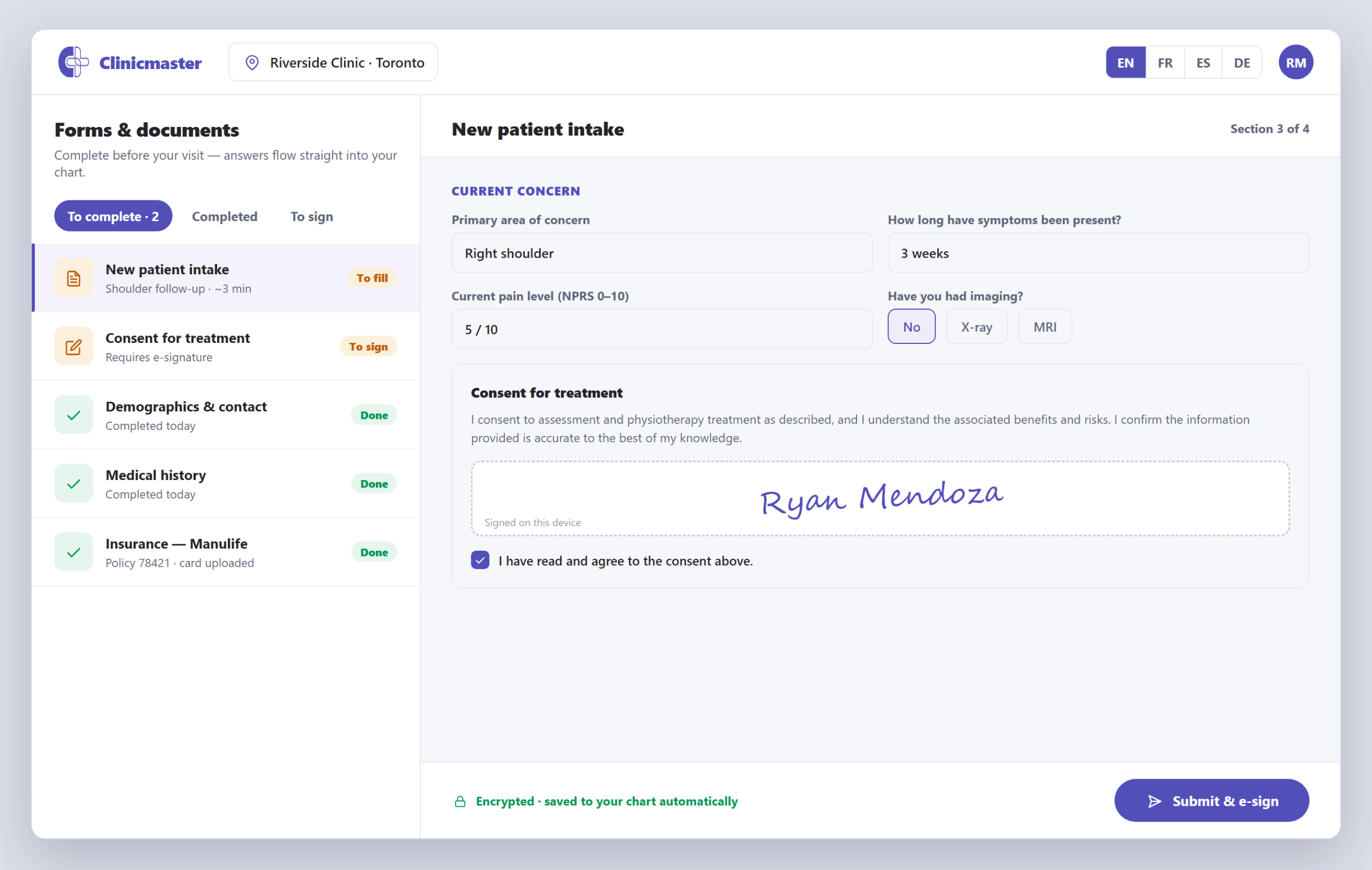 Digital intake and consent in the patient portal — a forms list with to-fill, to-sign and completed statuses, and a FlexForm intake with an e-signed consent for treatment saved to the chart
