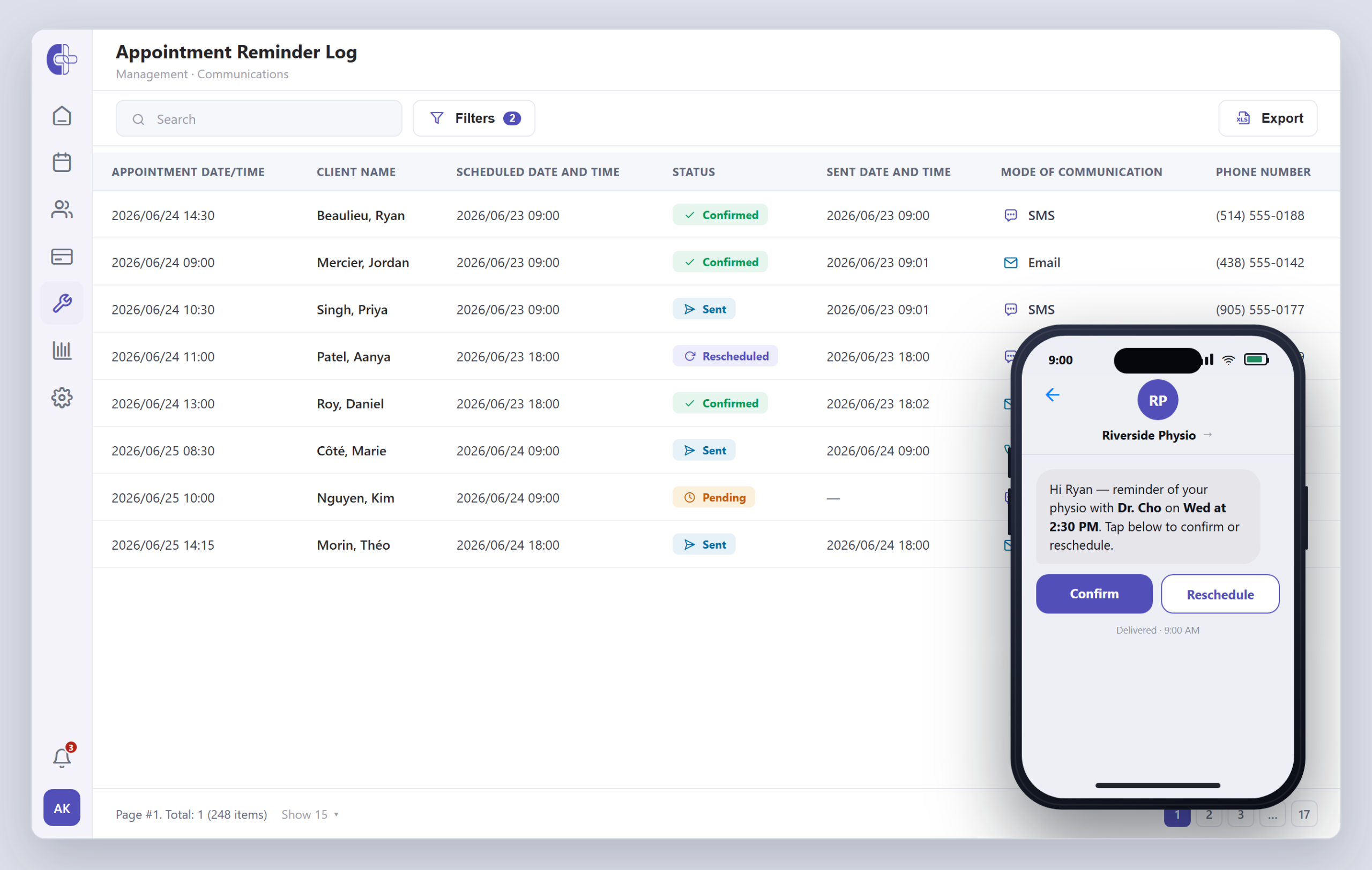 Automated appointment reminder log with SMS, email and telephony channels, plus a one-tap confirm/reschedule message on a phone.