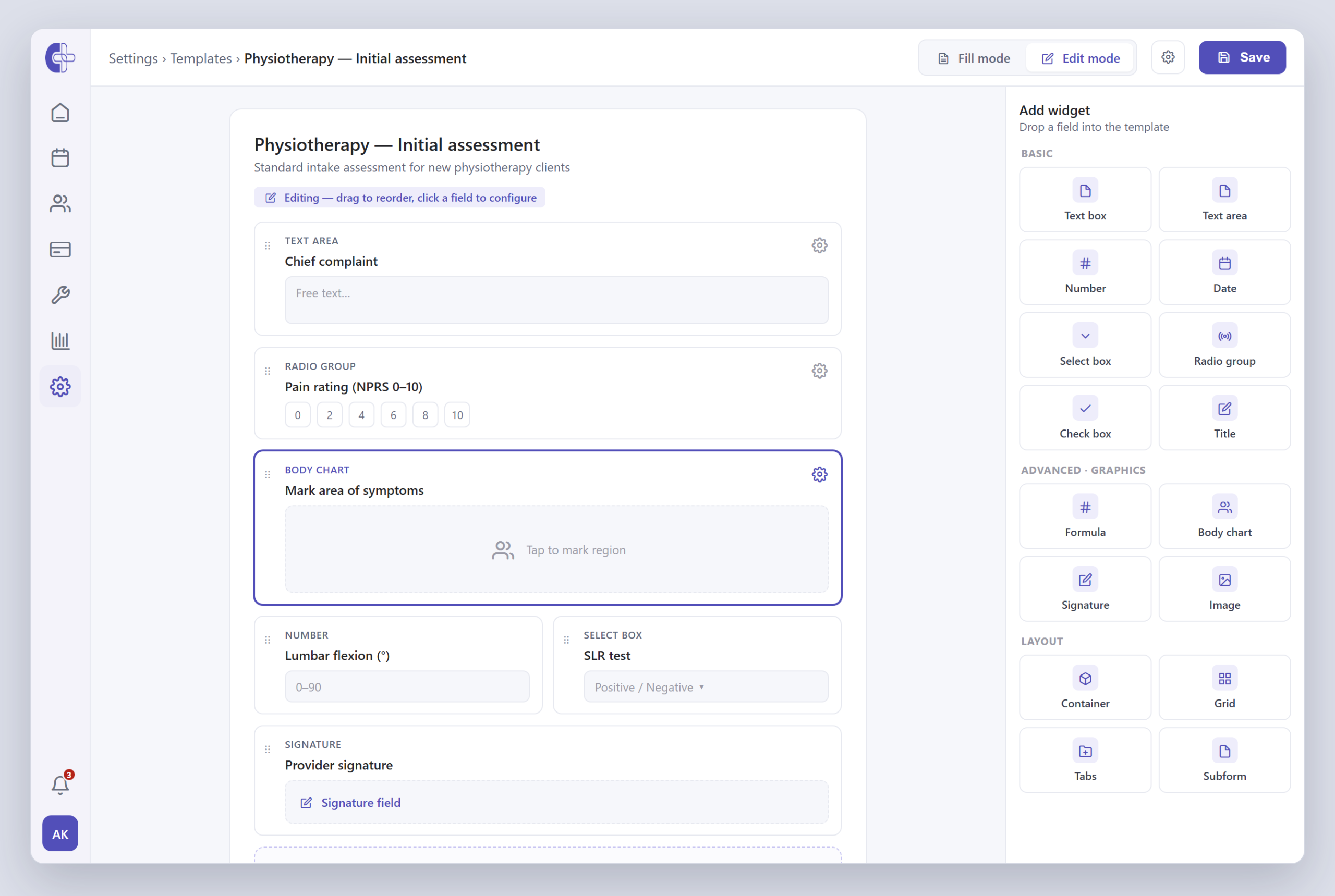Clinicmaster template builder — a Physiotherapy initial-assessment template edited in a drag-and-drop form builder with text, number, NPRS radio, body-chart and signature fields, alongside a palette of widgets to add.