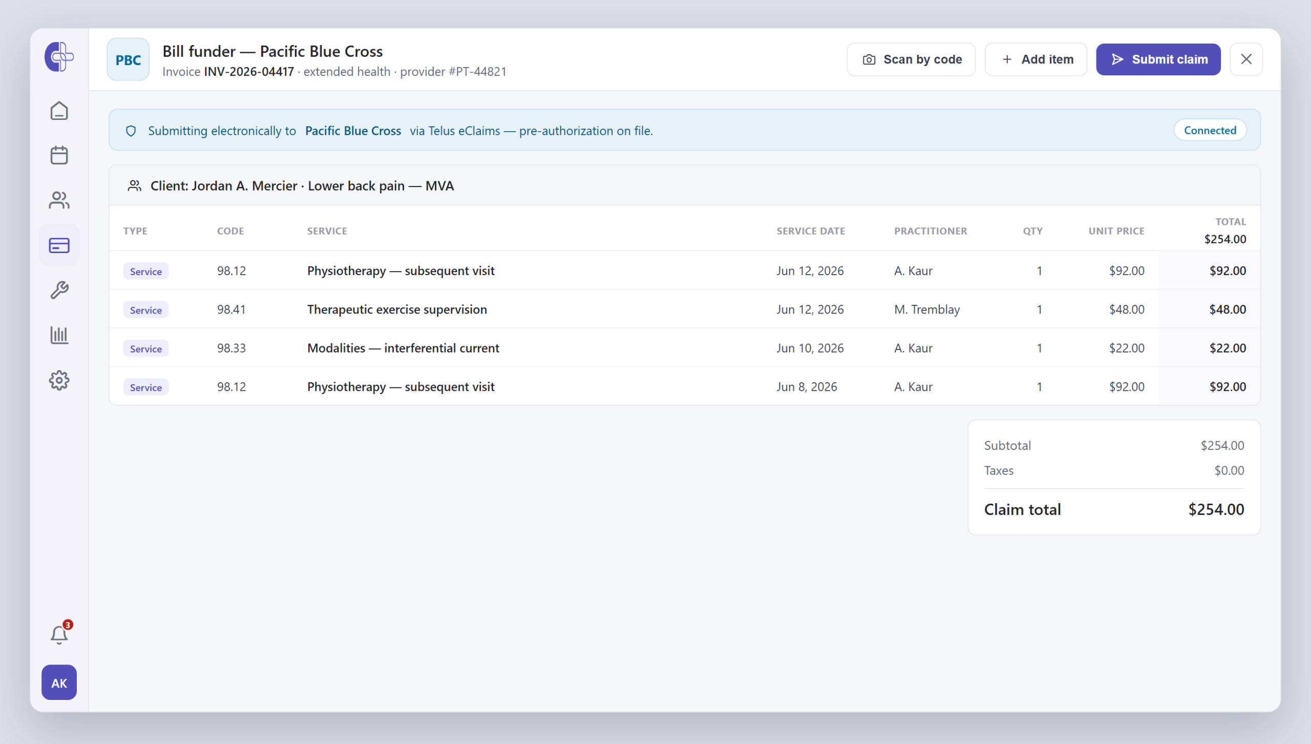 A Clinicmaster billing screen submitting a Pacific Blue Cross claim electronically through TELUS Health eClaims — a 'Connected' status, itemized service lines with billing codes, and a claim total ready to submit.