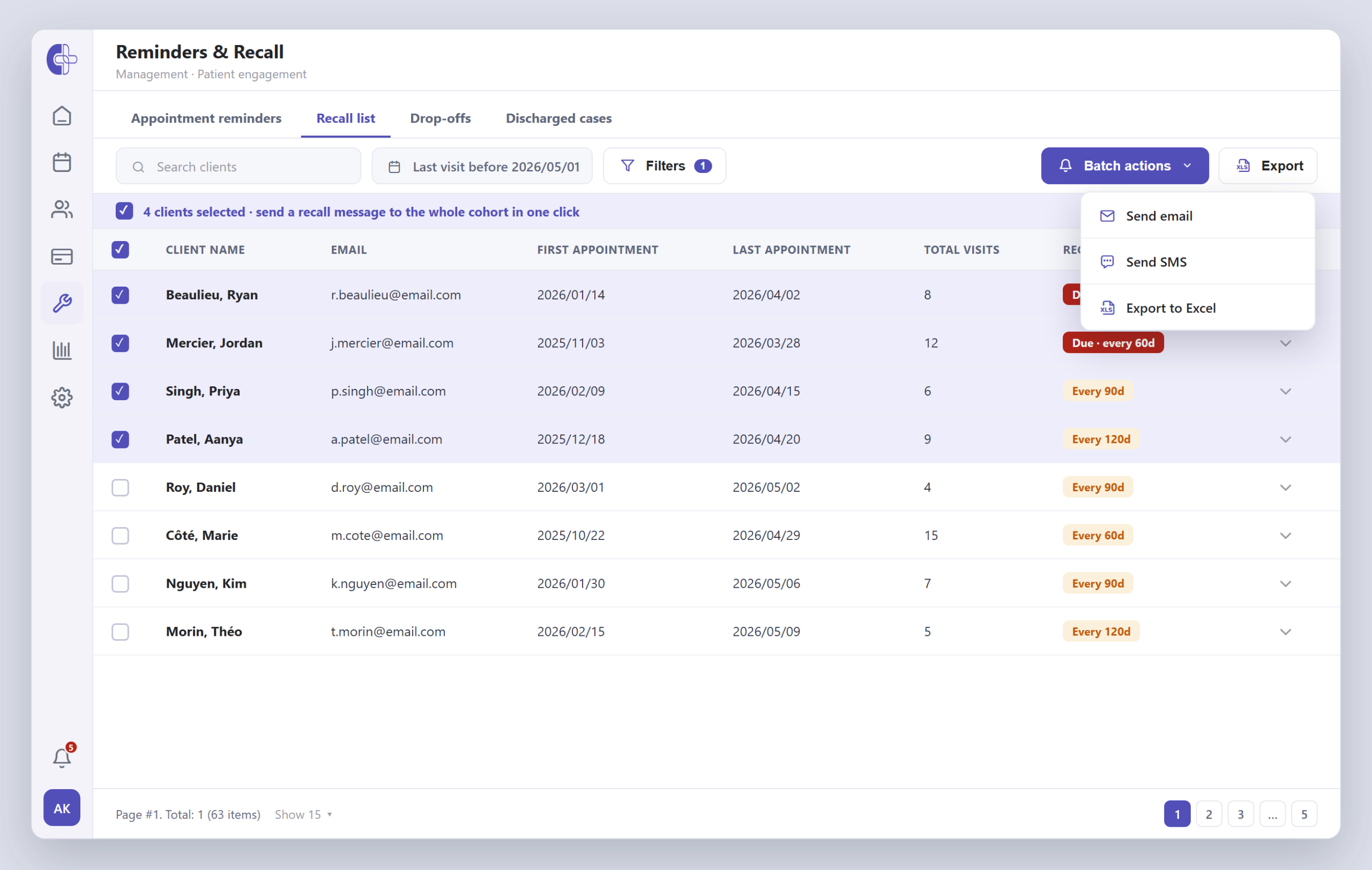 Reminders and recall management — a recall cohort grid with last-visit and recall-frequency columns, multi-select, and a batch action to send email or SMS to the whole cohort in one click