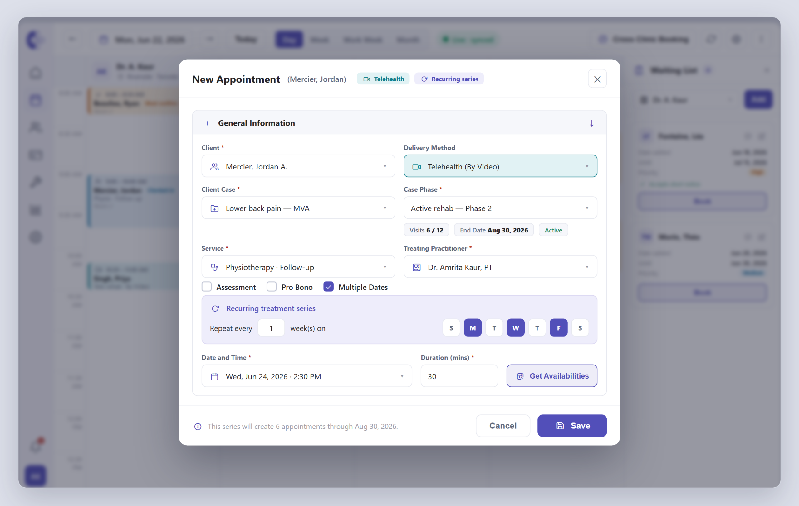Appointment dialog showing a telehealth (by video) delivery method and a recurring treatment series with selected weekdays, over the calendar.