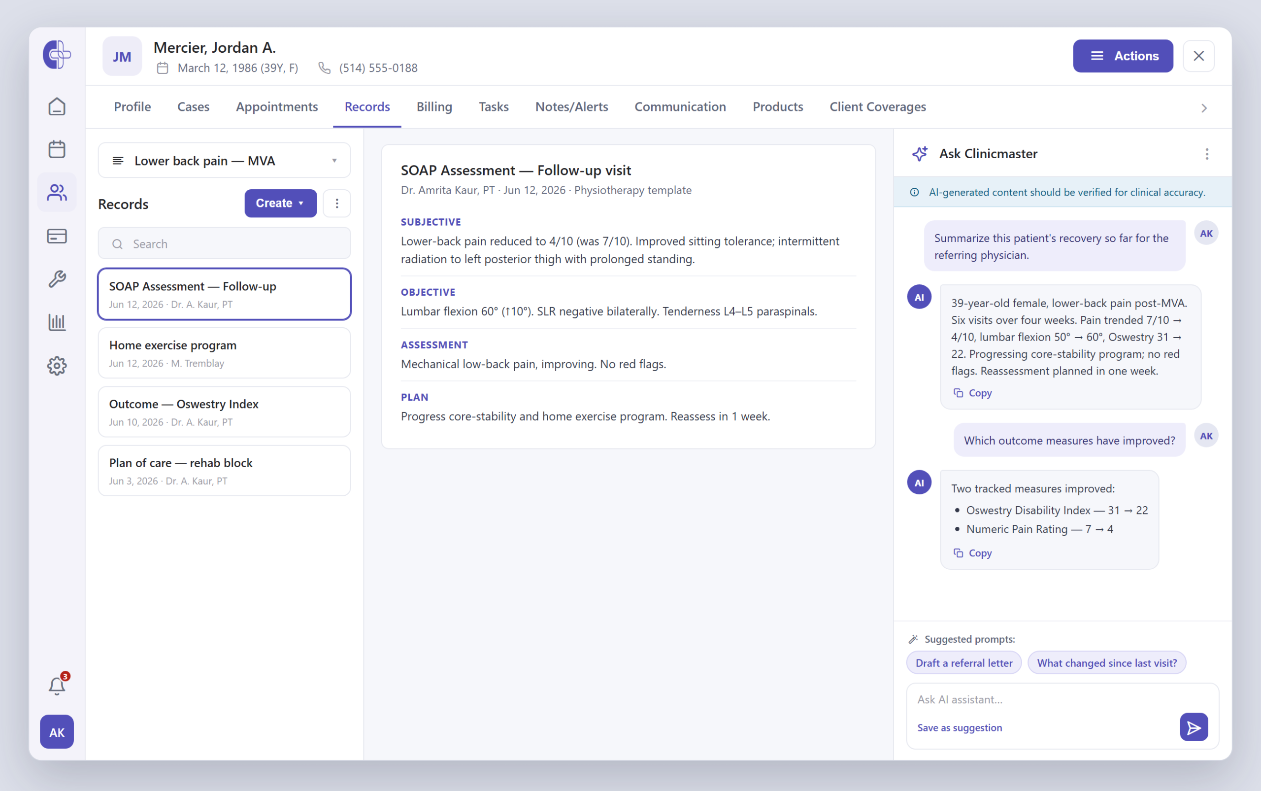 Clinicmaster EMR — the Ask AI panel scoped to one case: suggested prompts, a drafted recovery summary, and a verify-for-clinical-accuracy reminder.