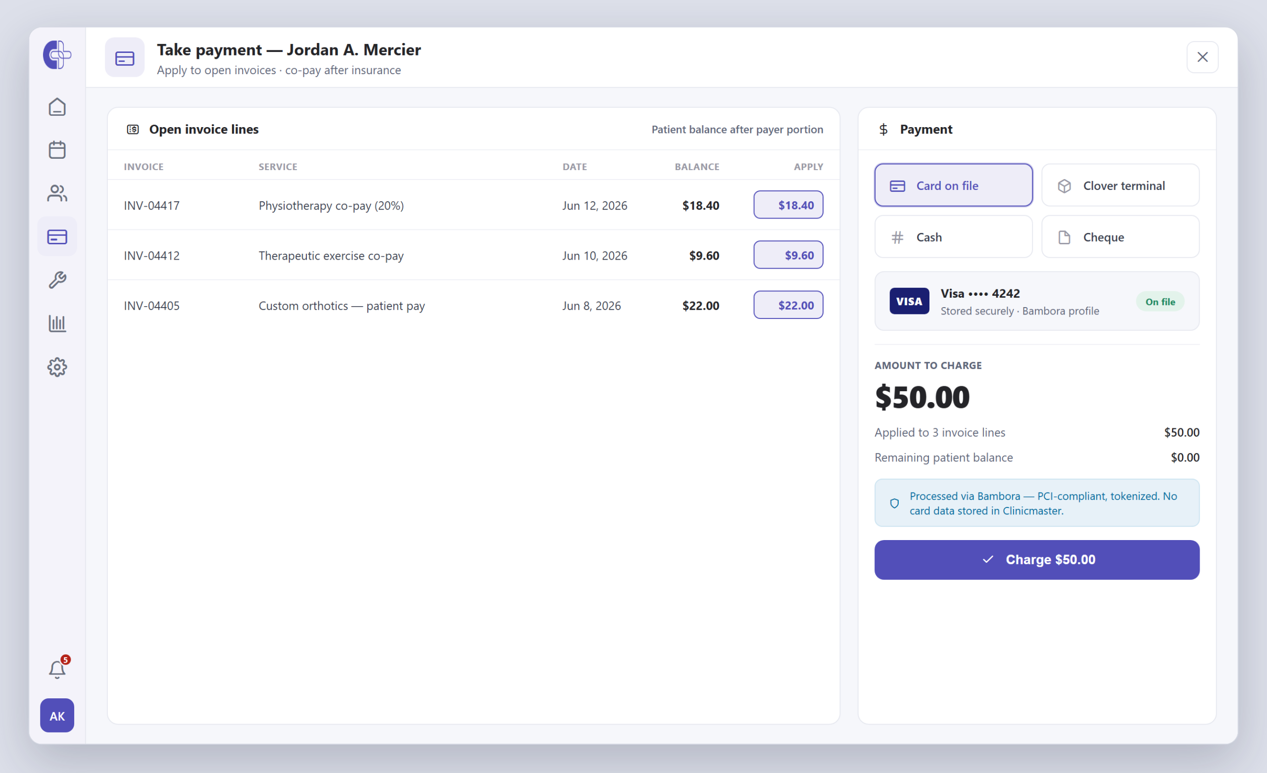 Clinicmaster take-payment screen — open co-pay invoice lines after insurance, payment by card on file or Clover terminal, a stored Visa on a Bambora profile, and a PCI-compliant tokenized charge.