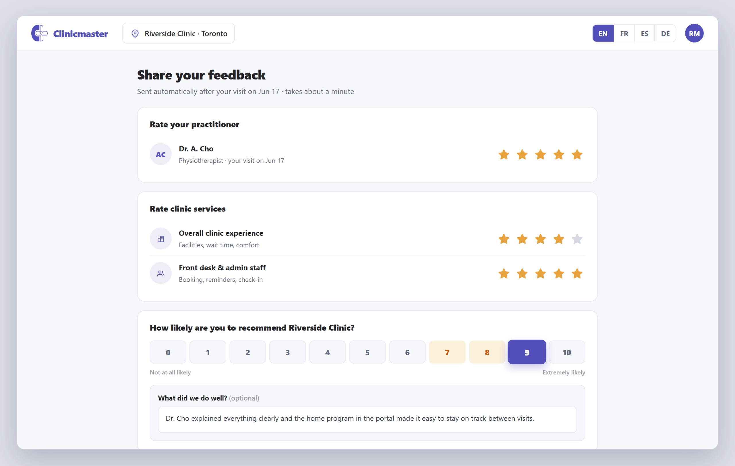 Patient satisfaction survey — star ratings for the practitioner and clinic services, an NPS 0–10 recommend scale, and an optional open-text follow-up question