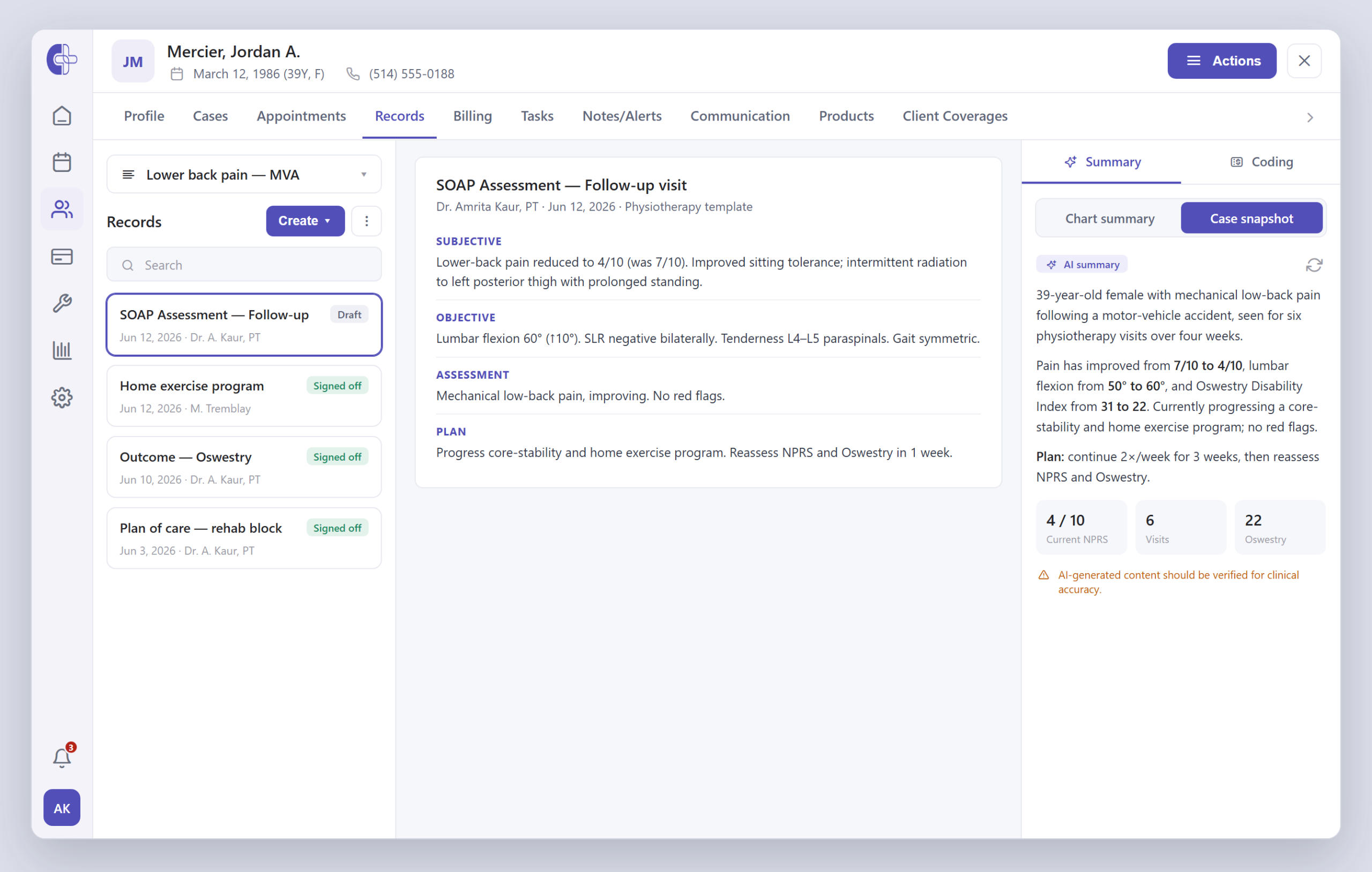 Clinicmaster EMR — a long plan of care condensed by AI into summaries and a draft referral letter, with output-type options.