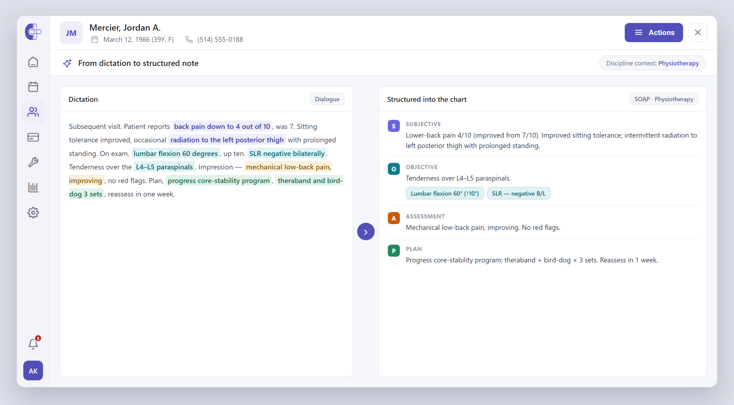 Clinicmaster EMR — dictation on the left structured by AI into a SOAP note on the right, with measurements parsed into the Objective section.