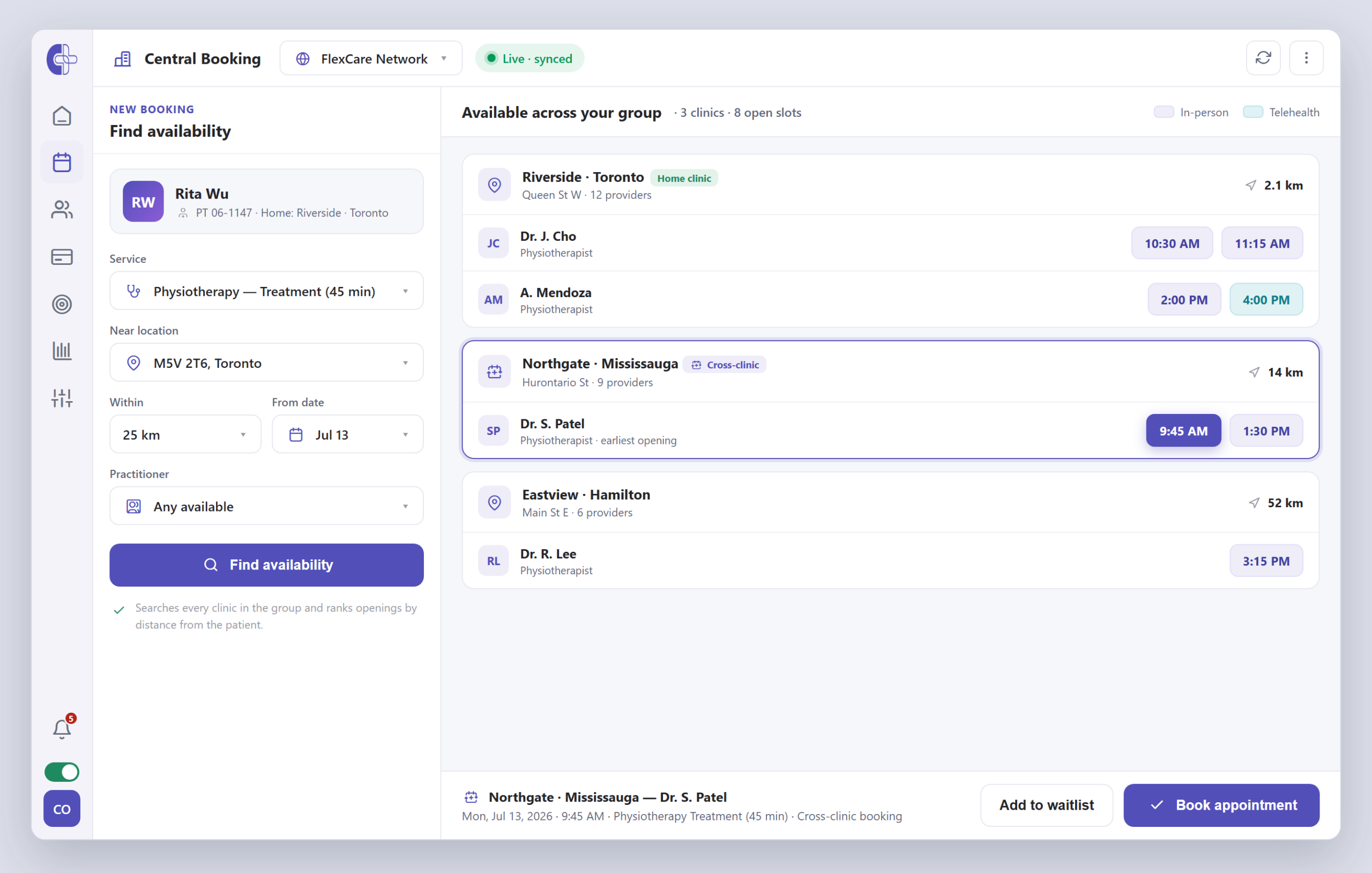 Clinicmaster Central Booking — cross-clinic availability search and booking console spanning a clinic group