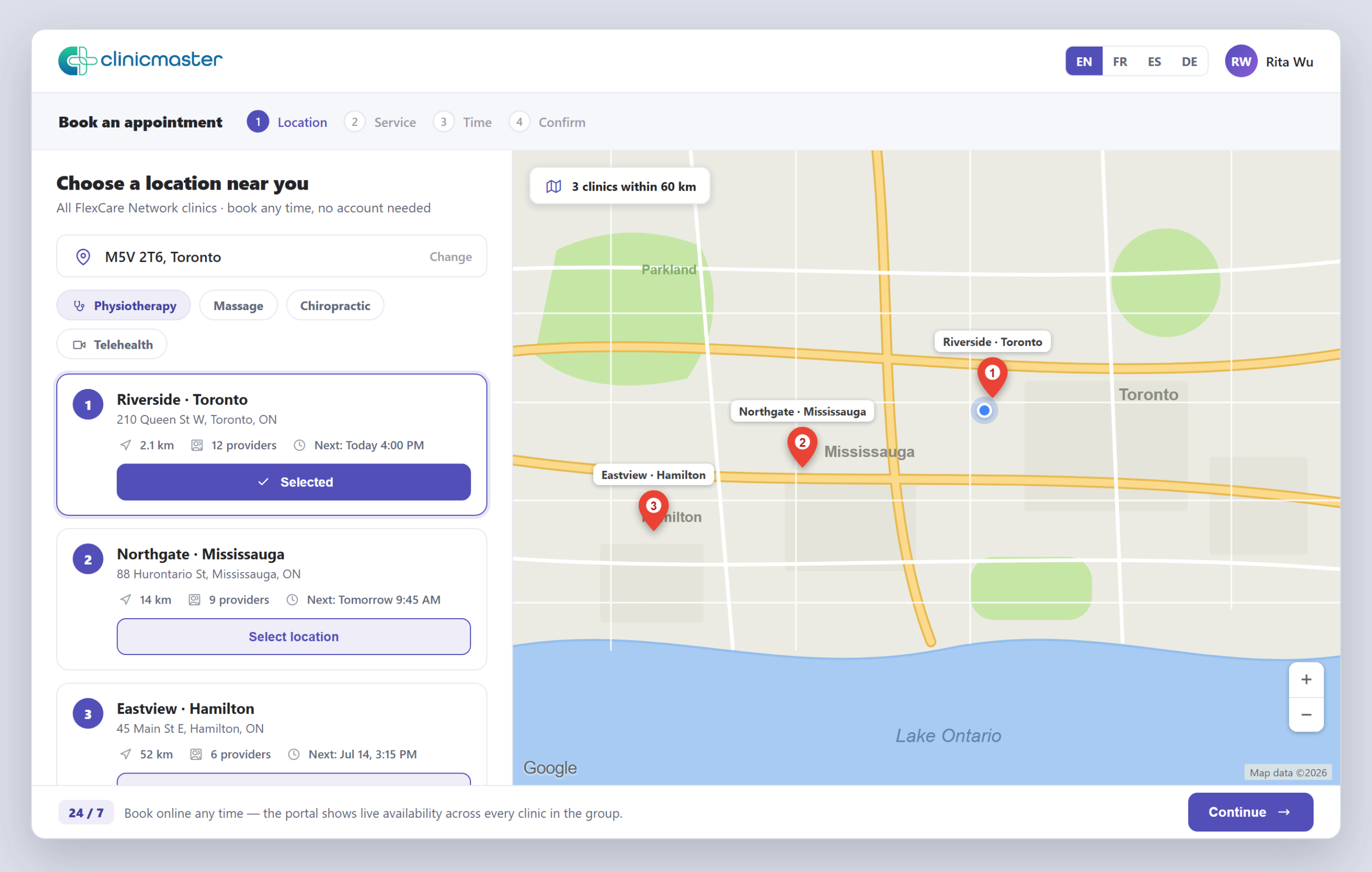 Clinicmaster patient portal — a 24/7 self-booking clinic-selection screen with a map of clinic locations and next-availability per site.