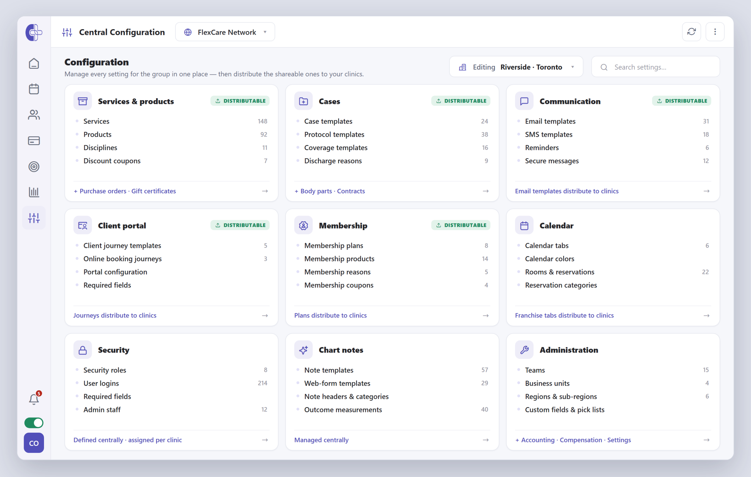 Clinicmaster Central Configuration home — a grid of setting categories (Services & products, Cases, Communication, Client portal, Membership, Calendar, Security, Chart notes, Administration) with Distributable tags and a clinic selector.