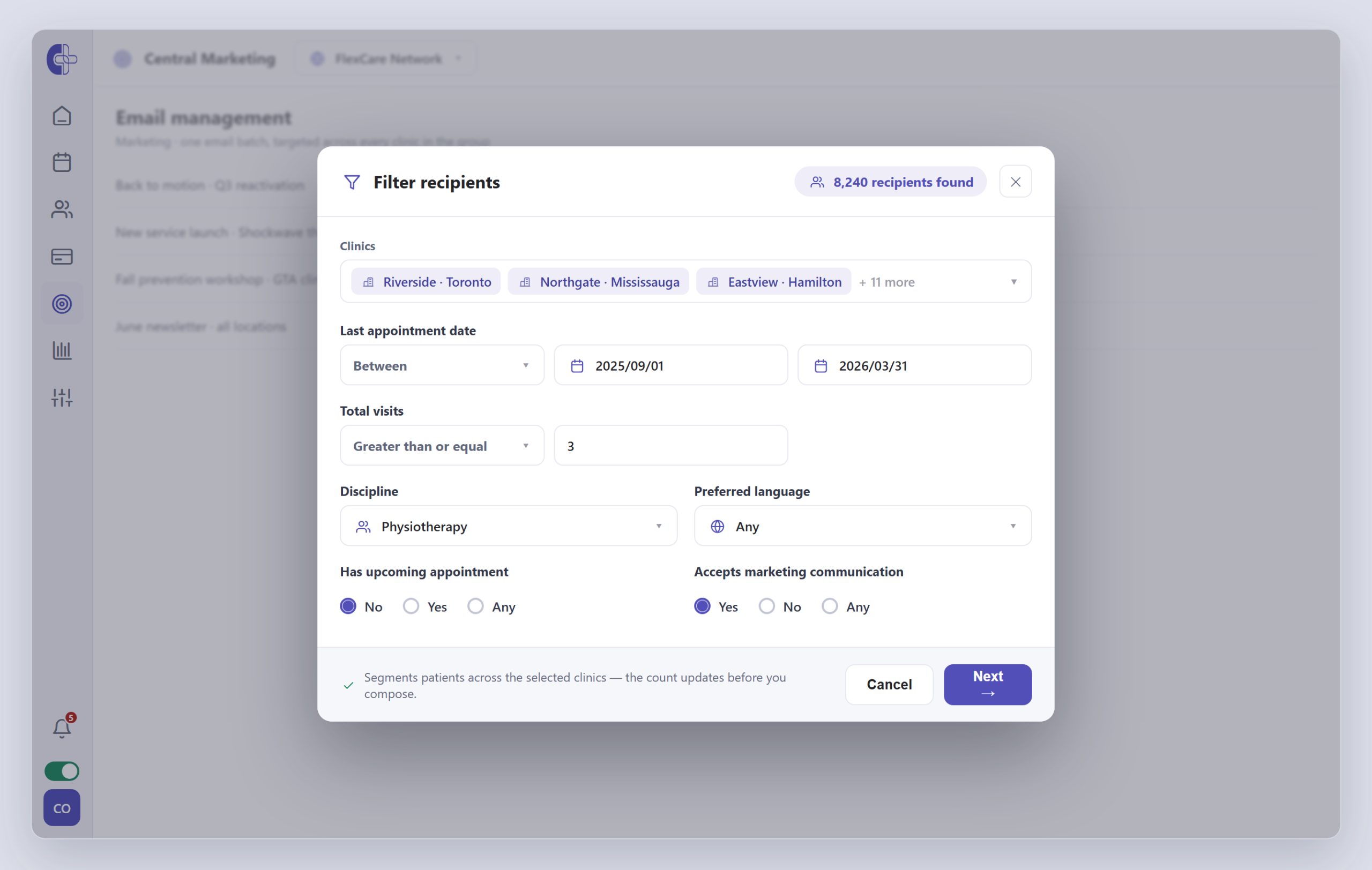 Clinicmaster Central Marketing — the filter-recipients step: a clinic multiselect plus last-visit-date, total-visits, discipline and consent filters, with a live recipient count.