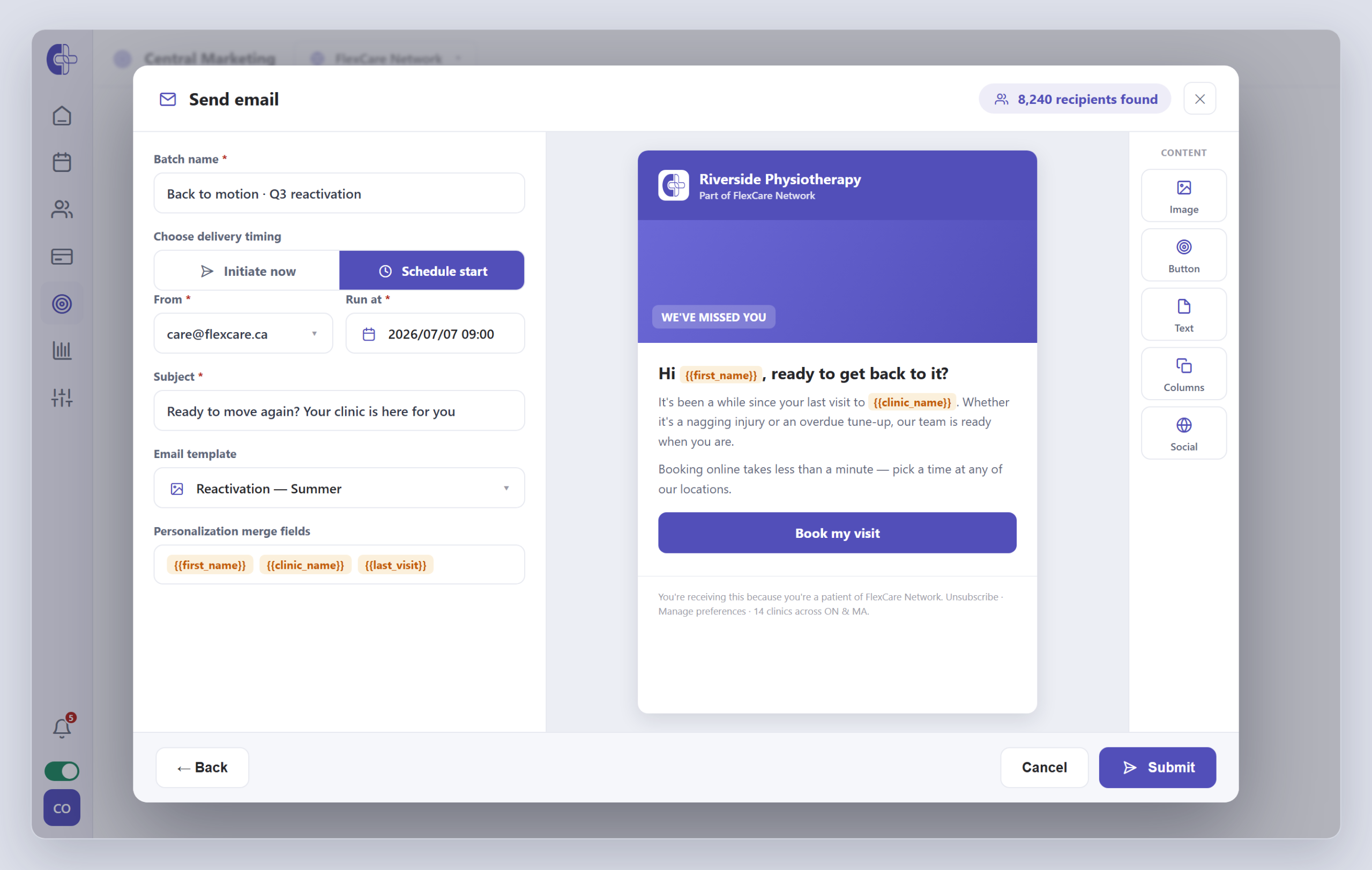Clinicmaster Central Marketing — the email composer: batch name, delivery timing, sender, subject, SendGrid template and a drag-and-drop editor previewing a clinic-branded email.