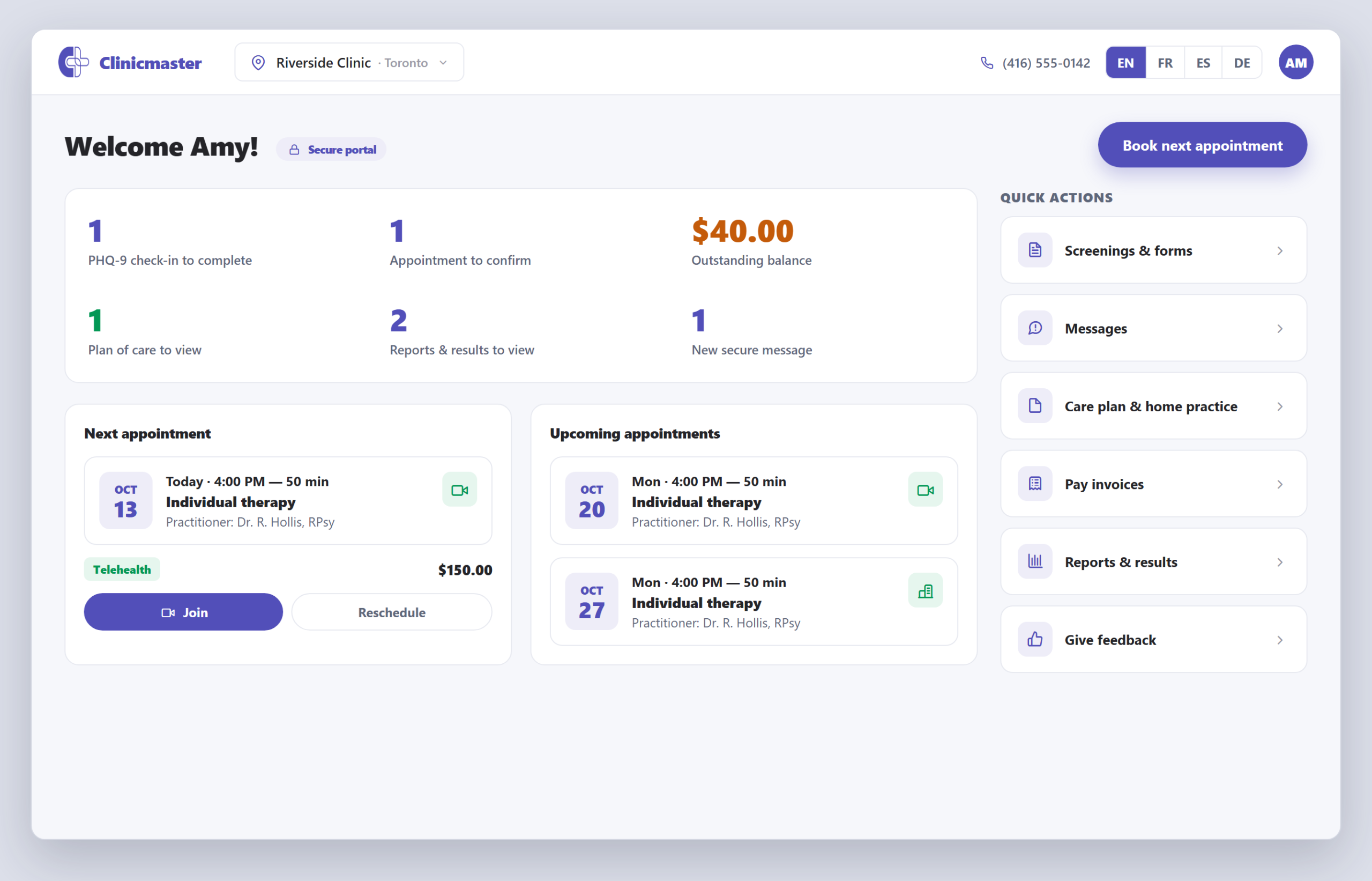 Clinicmaster client portal: a secure home screen with a PHQ-9 check-in to complete, a telehealth session to join, plus screenings, messages and care plan.