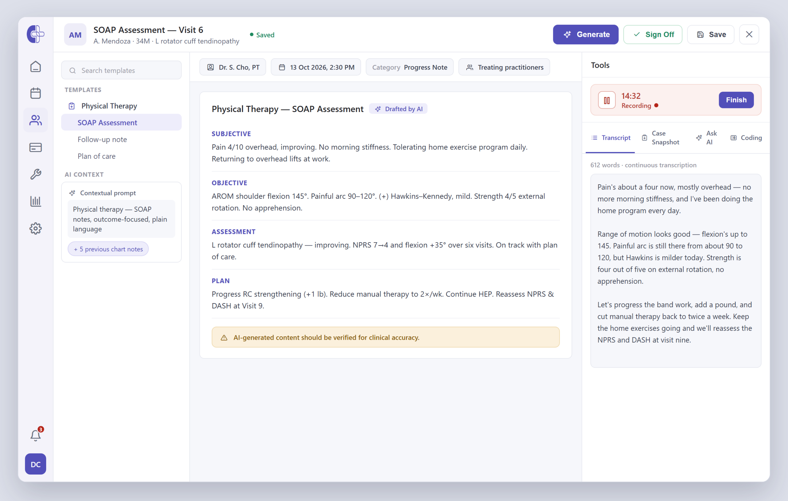Clinicmaster AI Charting: a physical-therapy SOAP assessment drafted by AI from the session, with the live transcript and a one-click Generate button, ready to review and sign.