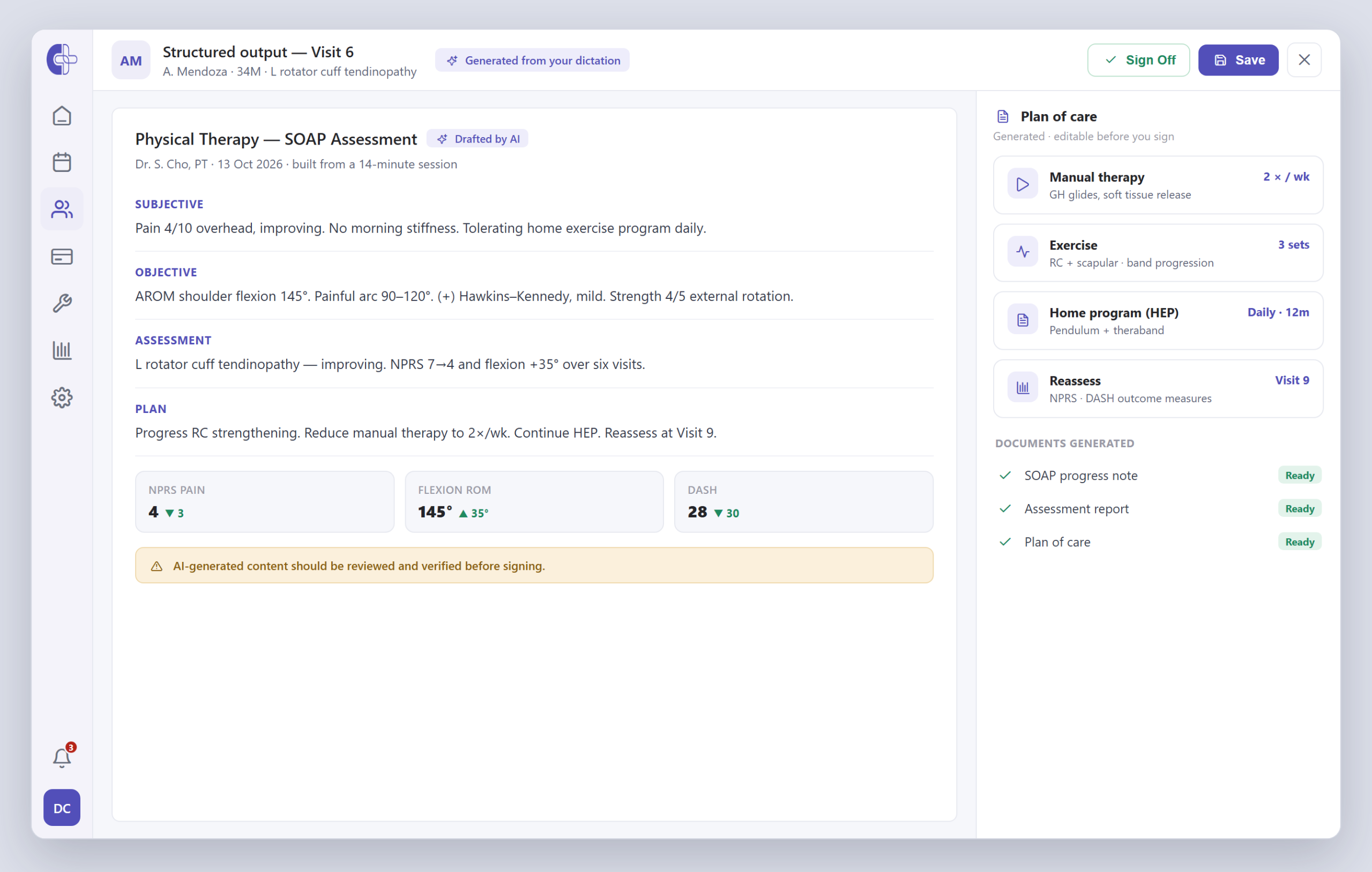 Clinicmaster structured documentation: an AI-drafted physio SOAP note with NPRS, shoulder-flexion and DASH outcomes and a generated, editable plan of care.