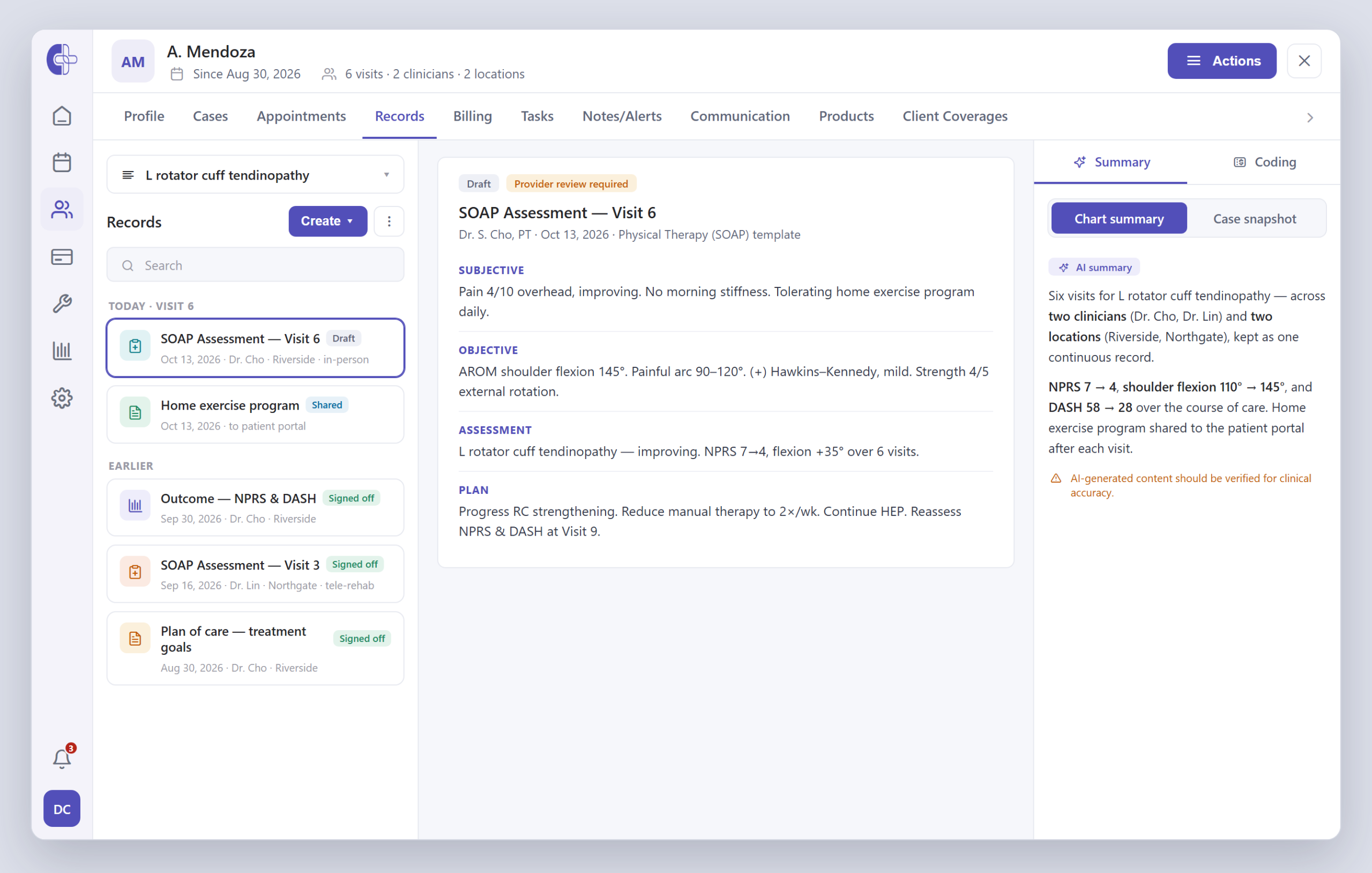 Clinicmaster unified patient record: one continuous chart across six visits, two clinicians and two locations, with an AI outcome summary showing NPRS 7 to 4 and DASH 58 to 28.