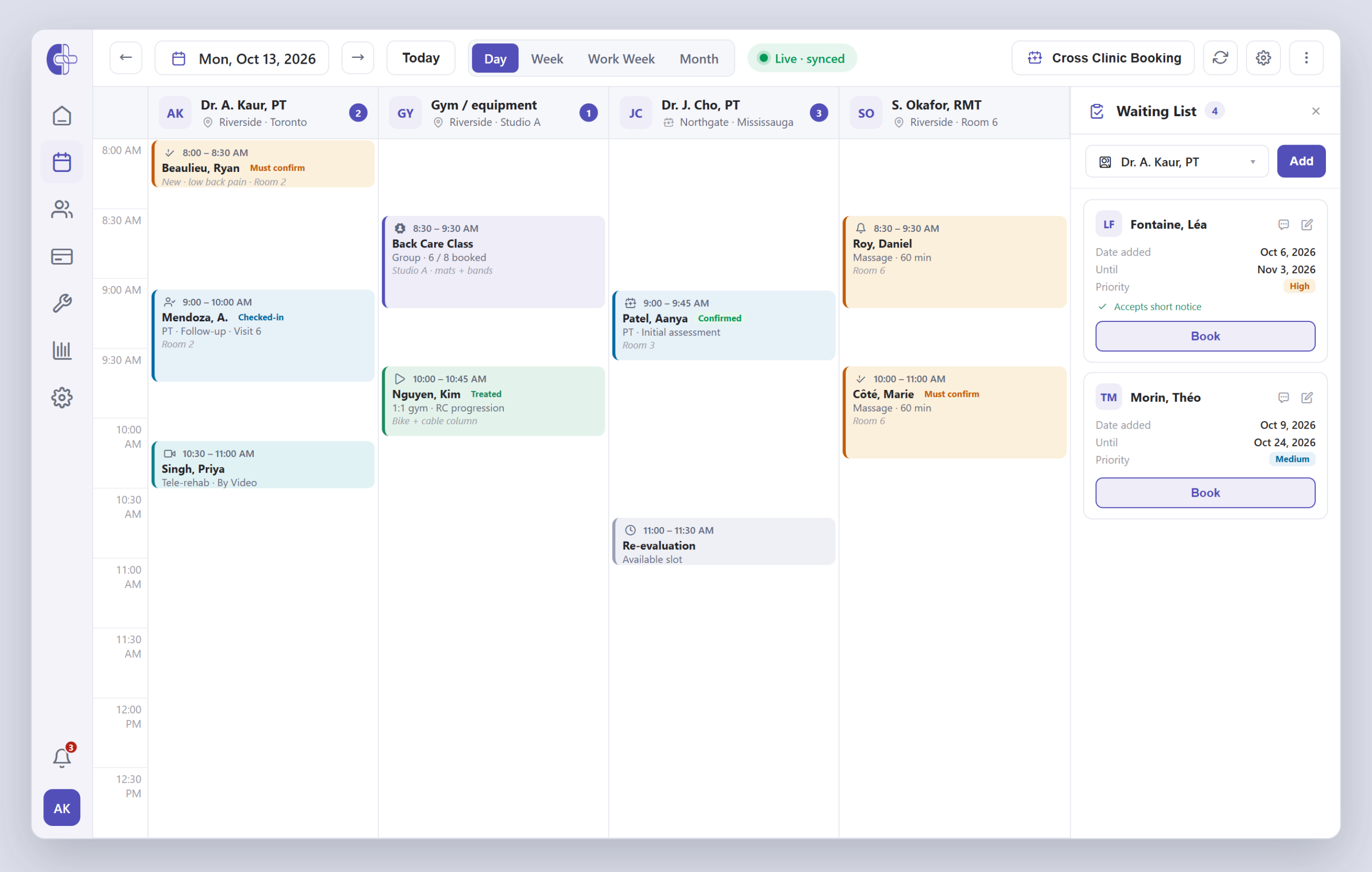 Clinicmaster multi-resource scheduling: physical therapists, a gym/equipment resource, cross-clinic booking, tele-rehab and a waiting list in one live, synced day view.