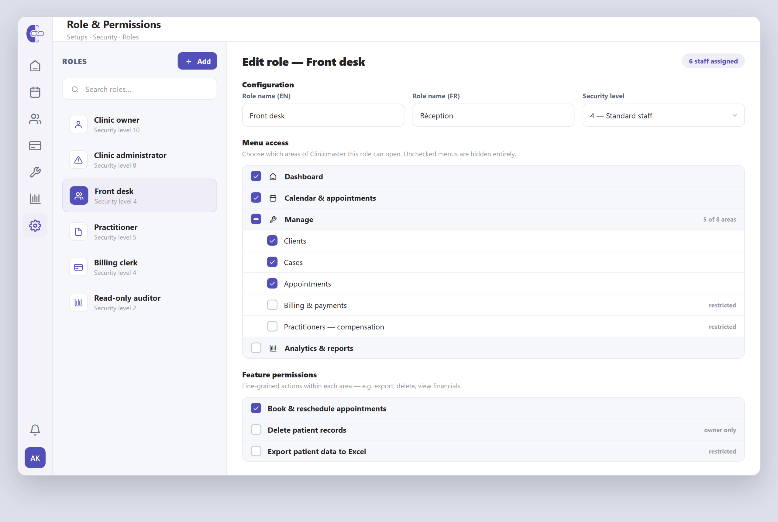 Clinicmaster Role & Permissions editor — per-role menu access and fine-grained feature permissions with security levels, governing who can see and do what across a multi-location clinic network.
