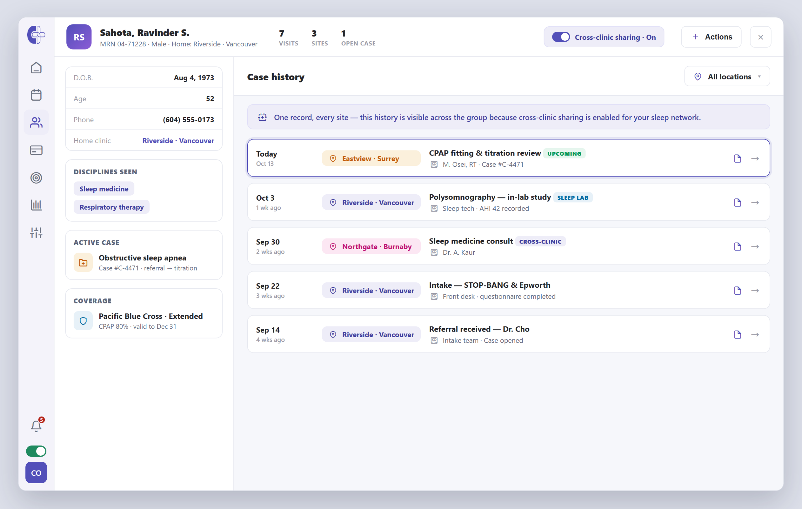 Clinicmaster — one shared sleep record across the group: referral, intake, in-lab polysomnography, consult and CPAP fitting, each tagged by site, visible everywhere because cross-clinic sharing is on.